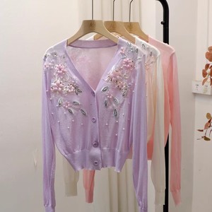 フレンチスタイルニットカジュアルカーディガンブラウス女性刺繍花柄Vネック長袖甘いヴィンテージシックな軽量コート - Product Image 2