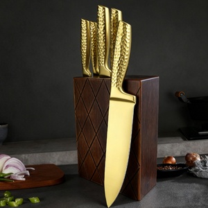 Ensemble de couteaux de cuisine en acier inoxydable revêtu de titane, couteau de cuisine doré avec base en bois, vente chaude - Product Image 6