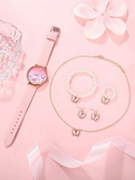Mode 5 pièces fille montre cadeau ensemble rose Quartz dames montre ensemble mignon papillon montre et Bracelet ensemble femmes