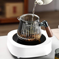 Bouilloire à thé en verre borosilicate à rayures verticales décoratives, de qualité supérieure, avec couvercle en bois, pour une utilisation moderne à la maison ou lors de réceptions.
