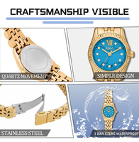 Reloj de Lujo para Mujer, Analógico, de Cuarzo, con Puntero Dorado, con Piedras Reales Azules, de Acero Inoxidable
