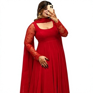 Women's Red Floor-Length Traditional <b>Dress</b> <b>With</b> Lace Sleeves And <b>Cape</b> Loose Fit <b>Wedding</b> Attire India Pakistan Style - Product Image 1