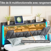 Cadre de lit en tissu gris avec éclairage LED RGB, télécommande via application, chargement USB Type C, 4 tiroirs et rangement dans la tête de lit, taille Queen