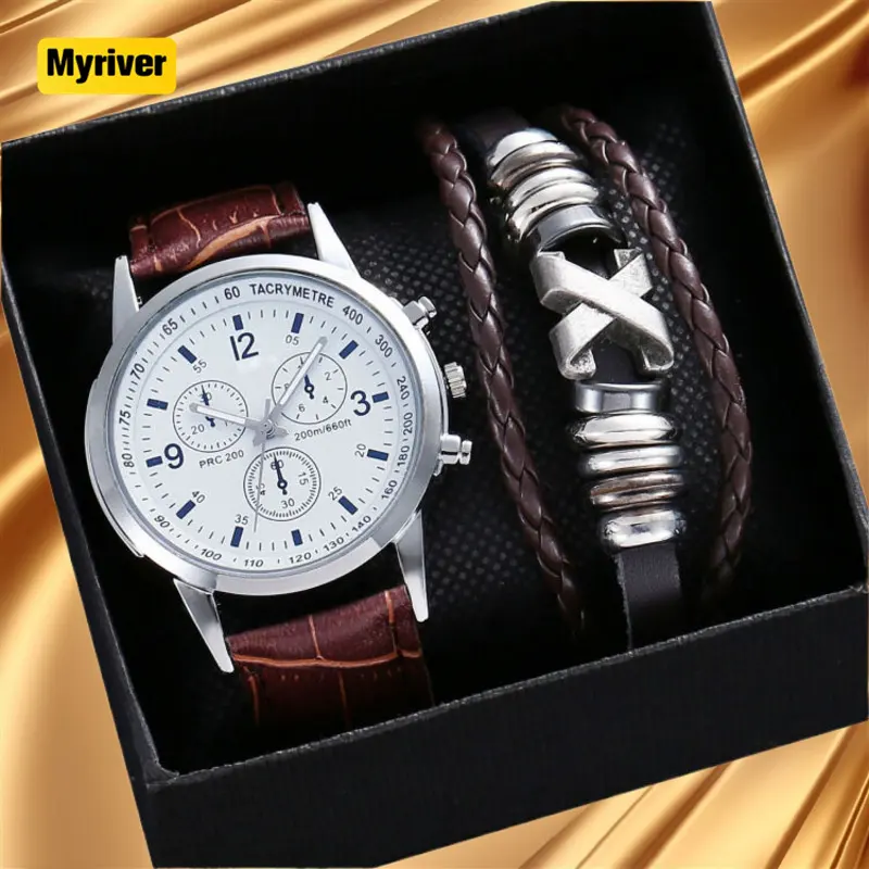 Myriver Business Promotion Gift Factory Wholesale Blue Ray Glass Men'S Watches Fashion Quartz Watch Analog Leather Men Watch