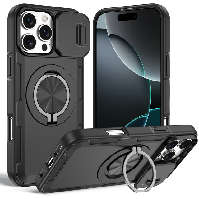 Heavy Duty Magnetic Wireless Charging Phone Case for iPhone 17 Pro Max Shockproof Protection with 360 Rotating Ring Stand Cover
