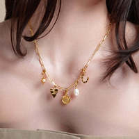 Nouveau Étanche 18k Plaqué Or En Acier Inoxydable Fer À Cheval Coin Coeur Cristal Perle D'eau Douce Vert Agate Charme Collier Pendentif