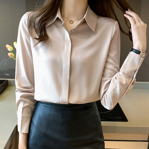 เสื้อเชิ้ตผ้าซาตินสีพื้นสำหรับผู้หญิง, เสื้อมืออาชีพเสื้อลำลองทรงหลวมรุ่นเกาหลี2025ใหม่ - Product Image 3