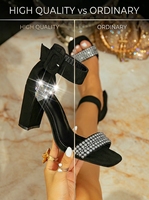 Nouvelle Collection 2026 – Sandales d'été sexy pour femme avec strass, bride cheville, bout carré et talon épais – Idéales pour fêtes et mariages – Grandes Tailles