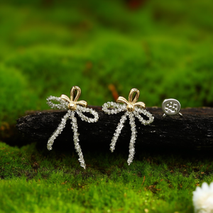 <b>Crystal</b> <b>Earrings</b> 316L Stainless Steel PVD Gold Plating Sustainable Resistant Bow Design <b>Studs</b> - Product Image 3