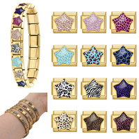 Bracelet à breloques DIY en acier inoxydable avec éléments étoile et léopard, surpiqûres dorées, bijoux tendance et mode