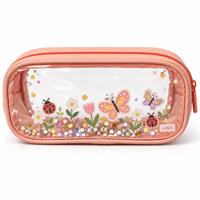 Étui à crayons en PVC transparent rose avec décorations florales et fermeture éclair supérieure pour l'école