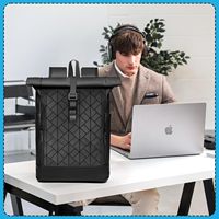 Sac à dos unisexe à enroulement 31L, compartiment étanche pour ordinateur portable, idéal pour les voyages, l'école, les activités de plein air, les affaires, le sport, en cuir PU, design élégant et arqué