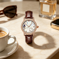 Montre mécanique automatique pour femme avec phases de lune, lunette sertie de diamants, bracelet en cuir, montre de luxe pour femme