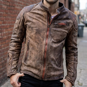 Chaqueta de cuero auténtico para hombre, Casaca desgastada Estilo Vintage, marrón - Product Image 3