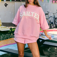 Setelan Baju Rajut Waffle Dua Potong, Sweatshirt Lengan Tiga Perempat dan Celana Pendek, Custom Kasual Oversized