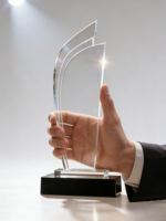 Trophée en acrylique de qualité supérieure |   Logo gravé en or UV |   Sommets Internationaux d'Innovation des Entreprises : Prix Eco-responsable pour les Entreprises