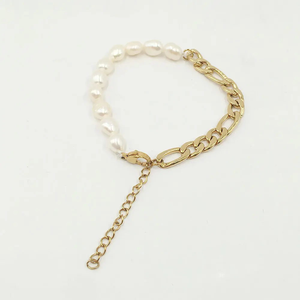 100% natura d'acqua dolce braccialetto della perla, 6.5-9.5mm perla barocca braccialetto misto di trasporto con catena in acciaio inox, 18k placcatura in oro