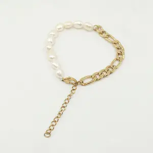 100% Nature Freshwater <strong>Pearl</strong> <strong>Bracelet</strong> , 6.5-9.5 mm Baroque <strong>Pearl</strong> <strong>Bracelet</strong> Mixed With Stainless Steel Chain ,18k <strong>Gold</strong> Plating - Product Image 1