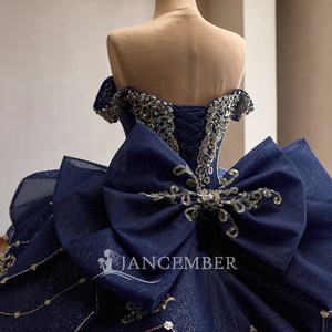 261096 Stunning Navy Blue Crystal Rhinestone Natural Sweetheart Neckline Lace Appliques Quinceanera Ball Gown <b>Dresses</b> - Product Image 6
