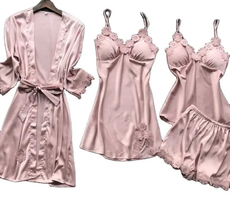 Домашняя женская ночная рубашка комплект из 4 предметов с водорастворимыми цветами Сексуальная и удобная Ночная рубашка на бретельках в Европе и Америке
