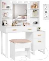 Ensemble de coiffeuse moderne en bois avec miroir éclairé, tabouret rembourré, grand miroir, blanc - pour chambre et hôtel