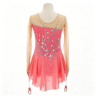 Robe de danse patinage rose à col rond, maille nude, manches longues, strass floraux pour enfants et adultes, compétition et performance