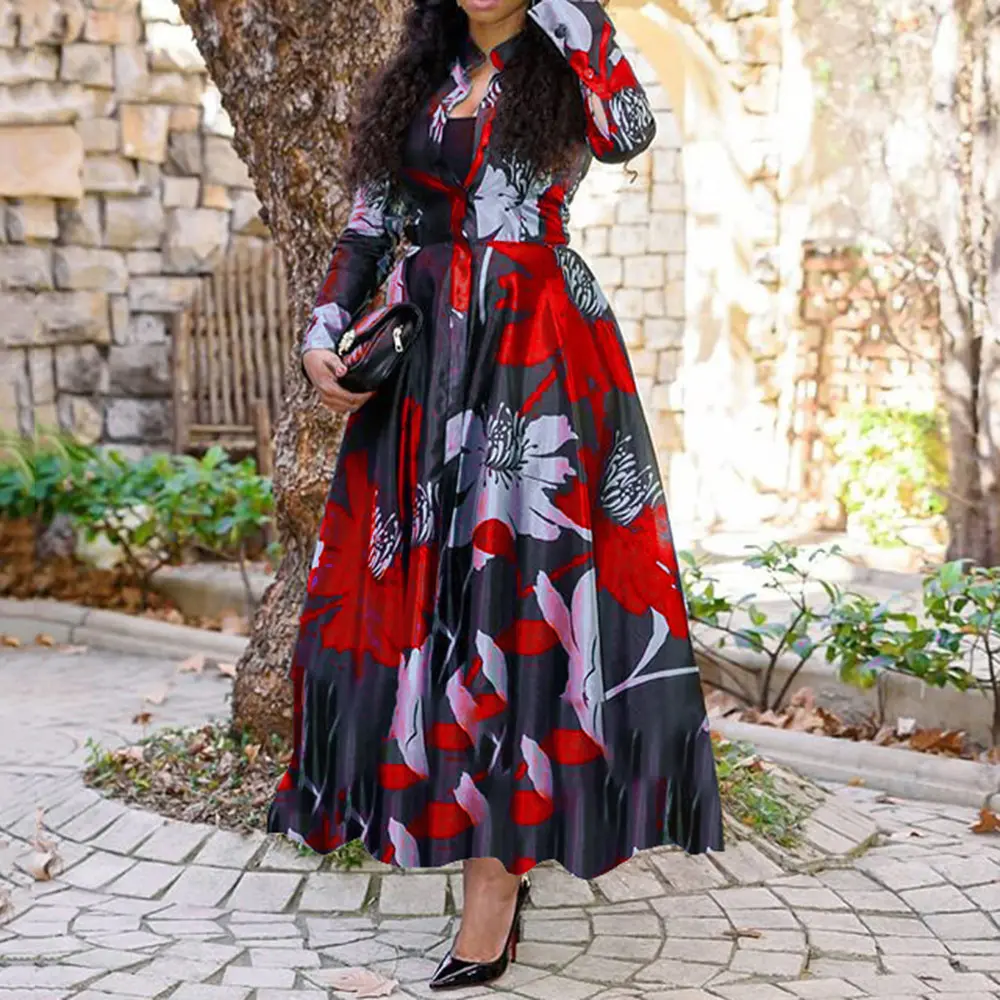 Hot Sale Style Spring Long Sleeve Long Dress for Women Casual Plus Size Floral A Line Dresses