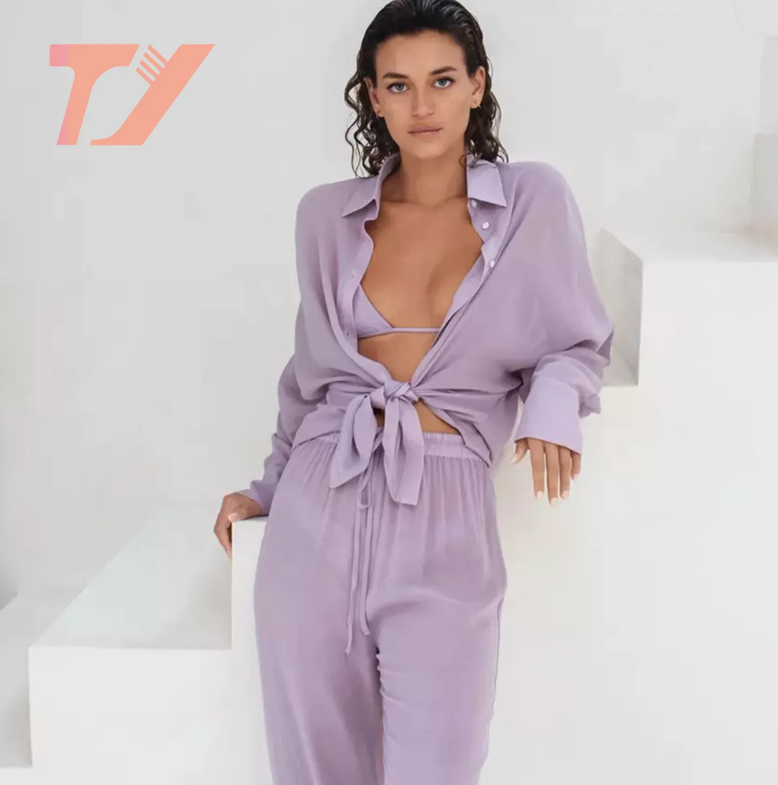 New Arrival RTS Design Women's Sleepwear Sexy 2 Piece Cozy Loose Long Sleeve Set Lounge Wear Set Outfit Women Pajamas