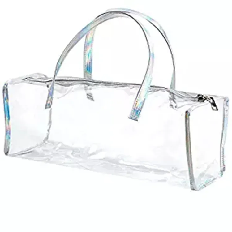 Transparent Duffle Gym Bag Travel Toiletry Case Clear PVC Luggage Organizer Bag for Men and Women Large Silver Hologram