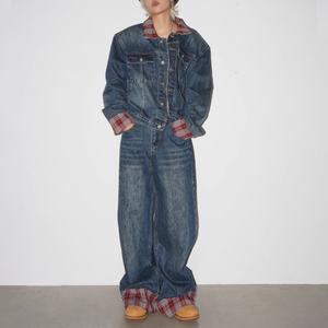 ชุดเดนิมวินเทจใหม่ แบบสั่งทำ ลายตารางแดงน้ำเงิน ทรงหลวม ลุคทำเก่า ซักฟอกแล้ว เสื้อแจ็คเก็ตเดนิมและกางเกงยีนส์สำหรับผู้ชาย - Product Image 4