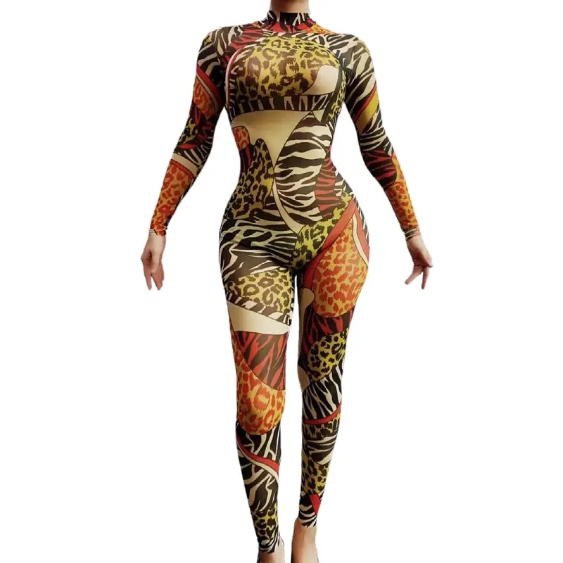 Monos Mujer 2022 Designer Clothes Leopard Print Long Sleeve Bodysuit Pole Dance Leotard Bodycon Rompers Women One Piece Jumpsuit