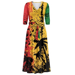 Thanh Lịch Jamaica Cờ Jamaica Tye Dye Mô Hình Phụ Nữ Của Maxi Dresses Mùa Hè Giản Dị V Cổ Tie Eo In Hoa Dài Ăn Mặc <span class=keywords><strong>S</strong></span>-5XL - Product Image 5