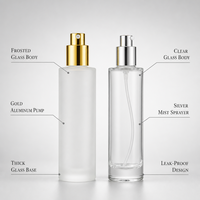 Flacon pulvérisateur en verre dépoli transparent pour brume fine, 20ml, 30ml, 50ml, 80ml, 100ml, avec pompe dorée ou argentée, pour toner, essence, brume faciale, cosmétique