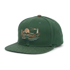 Casquette de baseball à profil moyen, 6 panneaux, visière plate, vert foncé, avec logo phare brodé personnalisé, haute qualité, vente en gros - Product Image 1