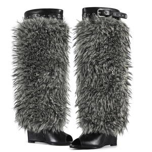 Bottes d'été à talons compensés hauts et bout ouvert, personnalisées, longues et moelleuses, pour femmes, avec boucles de ceinture sur le dessus, hauteur genou, en fourrure - Product Image 4