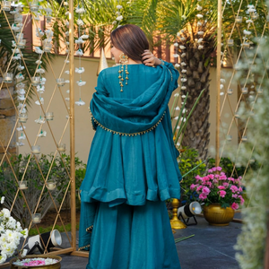 Teal Solid Silk Embroidered <b>Shawl</b> with Mirror Work Traditional Indian Pakistani Women's Wear Skin-Friendly Breathable - Product Image 3