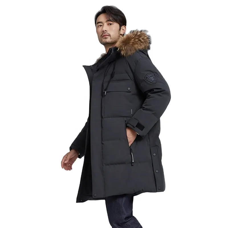 Jaket Bulu Musim Dingin Pria, Mantel Bulu Kerah Tudung Tebal Hangat Panjang Pria Musim Dingin