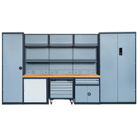 Ensemble d'armoires à outils modulaires en acier robuste, poste de travail avec plateau en bois, panneau perforé, tiroirs et casiers pour garage automobile