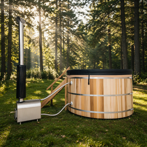 <span class=keywords><strong>Bañera</strong></span> de hidromasaje de cedro rojo todo en uno con estufa de leña, cubierta y escalera para el hogar - Product Image 1