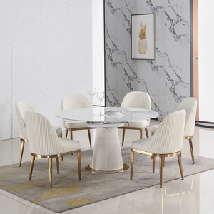 Neuankömmling Luxus White Stone Runde ausziehbare Esstische Set Wohn möbel Moderner Küchentisch PVC, Golden Brushed Steel - Product Image 2