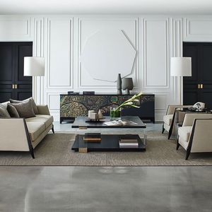 Mesa de Centro Cuadrada de Acrílico Moderna y Lujosa, Personalizada, con Tapa de Vidrio Hecha a Mano y Base de Metal Dorado, Incluye Mesa Esquinera - Product Image 2