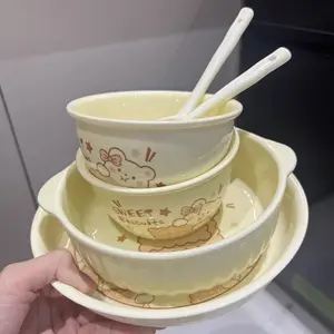 New Bắc Âu Dễ Thương Phim Hoạt Hình Phong Cách Kem Gấu Doodle Microwaveable Bộ Đồ Ăn Gốm Bát Và Tấm Set Sử Dụng Cho Trẻ Em