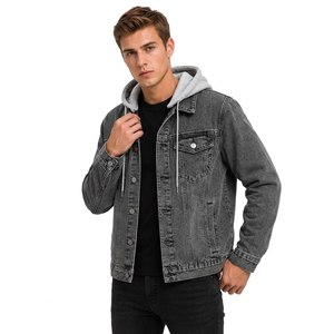 Veste décontractée pour homme en coton imprimé coupe-vent gris à capuche en molleton bouclette, coupe régulière, style sweat à capuche délavé, avec poches, idéale pour l'automne - Product Image 1