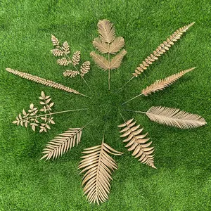 Wholesale Artificial Golden Series Emulation Plant Eucalyptus Gold Plastic Leaves Maple Leaf For Wedding Decoration