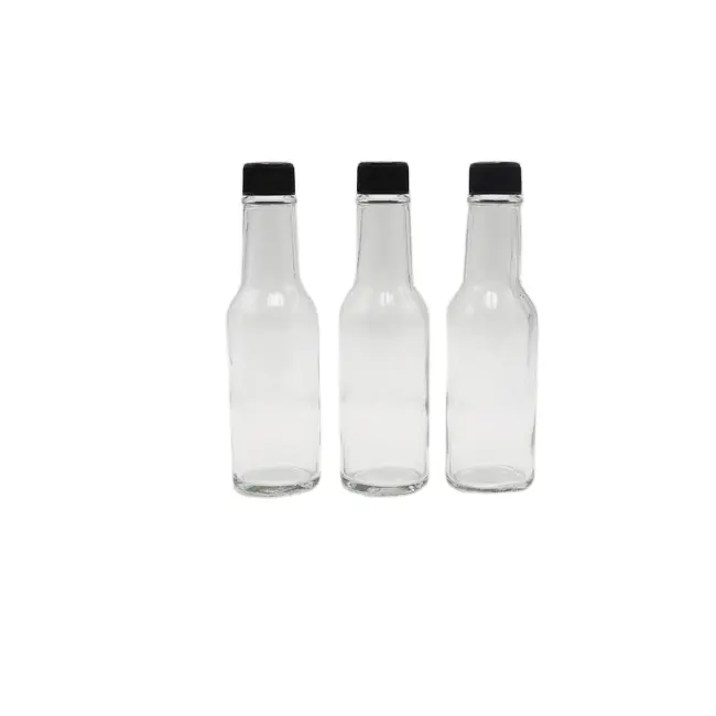 Botella de cristal vacía para salsa de Chile, recipiente de cristal transparente de 5oz, 8oz, 150ml, 250ml, con tapas negras