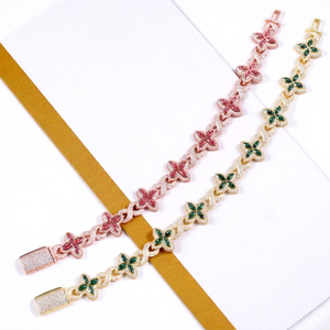 Yu Ying Gold Plated S925 Sterling <b>Silver</b> Clover Pink Green Diamond Cuban Moissanite <b>Bracelet</b> With GRA Certificate - Product Image 1
