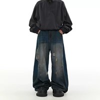 Jean en denim délavé style vintage américain, taille mi-haute, coupe droite, déchiré, pour hommes et femmes, tendance, ample, à jambes larges, pour couples, style INS très prisé