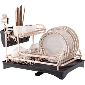 二重層アルミさび-プルーフ皿乾燥ラックと排水板セット食器用カトラリーホルダー取り外し可能 - Product Image 1