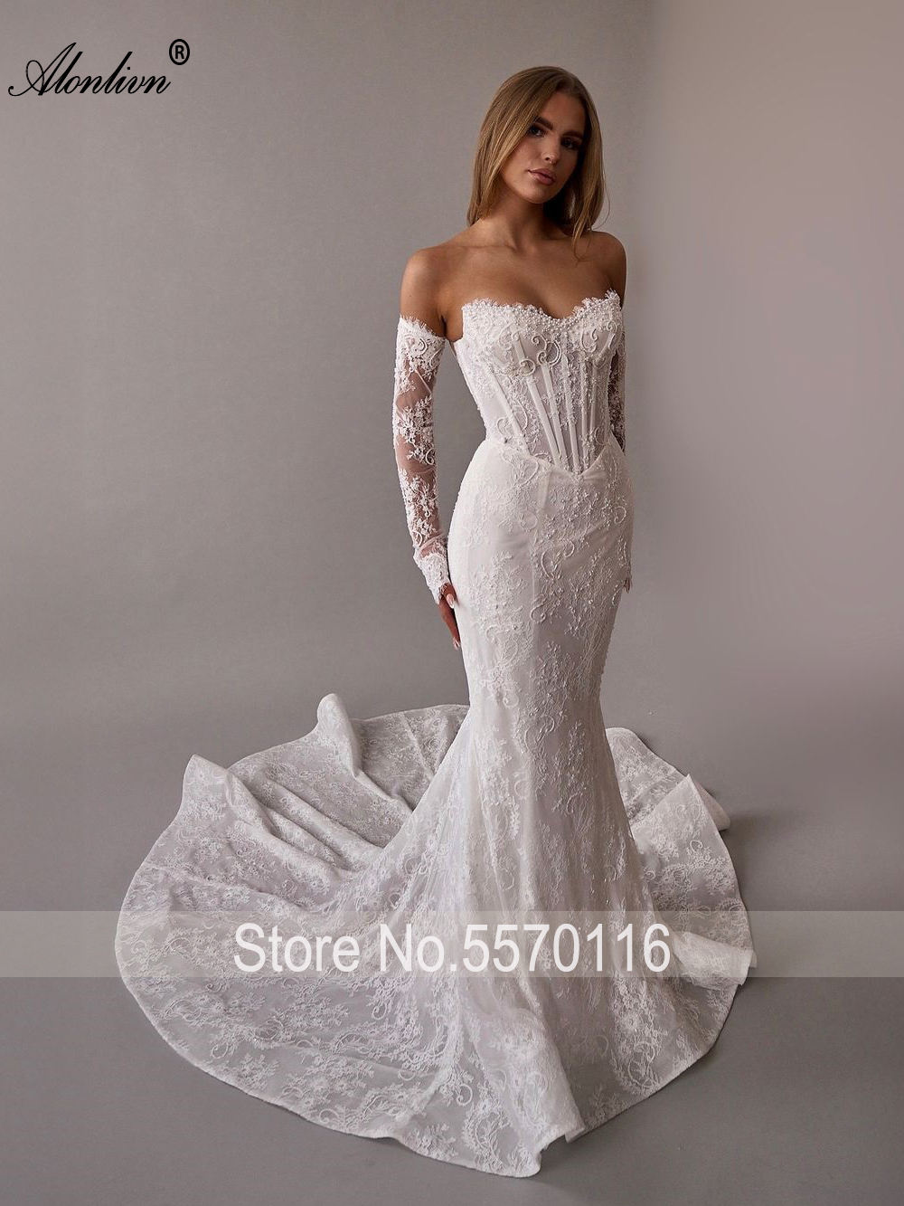 alonlivn customize made beauty lace fitted beaded 2 in 1 mermaid wedding gowns trumpet removable train bridal gowns