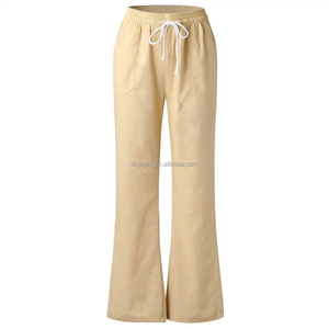 Pantaloni da <span class=keywords><strong>donna</strong></span> personalizzati 100% <span class=keywords><strong>lino</strong></span>, vestibilità ampia, antipiega, traspiranti, bianchi, casual da spiaggia, a gamba larga dritta, stile frontale piatto - Product Image 3